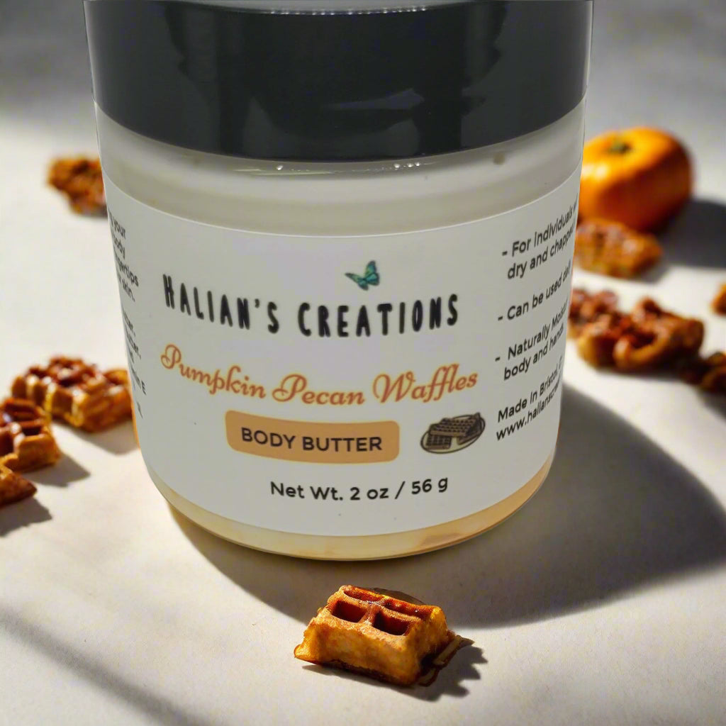 Jar of 'Halian's Creations' Pumpkin Pecan Waffles body butter with waffle cookies around it.