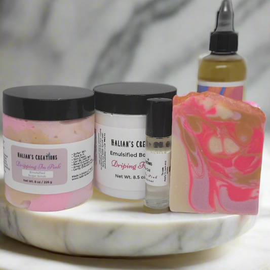Dripping In Pink Bundle Set "A vibrant, effervescent blend of sun-ripened berries, sparkling citrus, and creamy vanilla—like a tropical breeze in a bottle." - Halian's Creations LLC