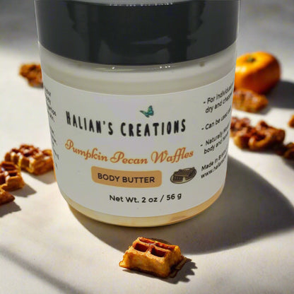 Jar of 'Halian's Creations' Pumpkin Pecan Waffles body butter with waffle cookies around it.